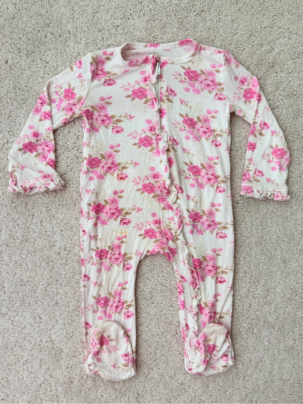 Little Me Cream Footed Ruffled One-Piece with Pink Floral Print